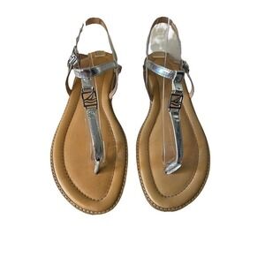 Sperry Top Sider Women's Silver Metallic T-Strap Flat Sandals Size US 7.5